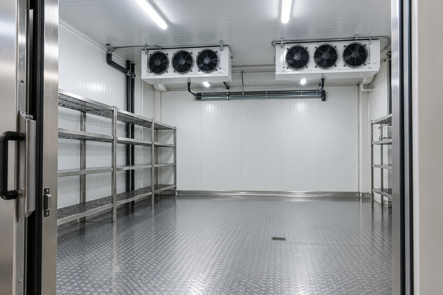 Illustrazione di una cella frigorifera industriale con evaporatori a soffitto e scaffalature in acciaio