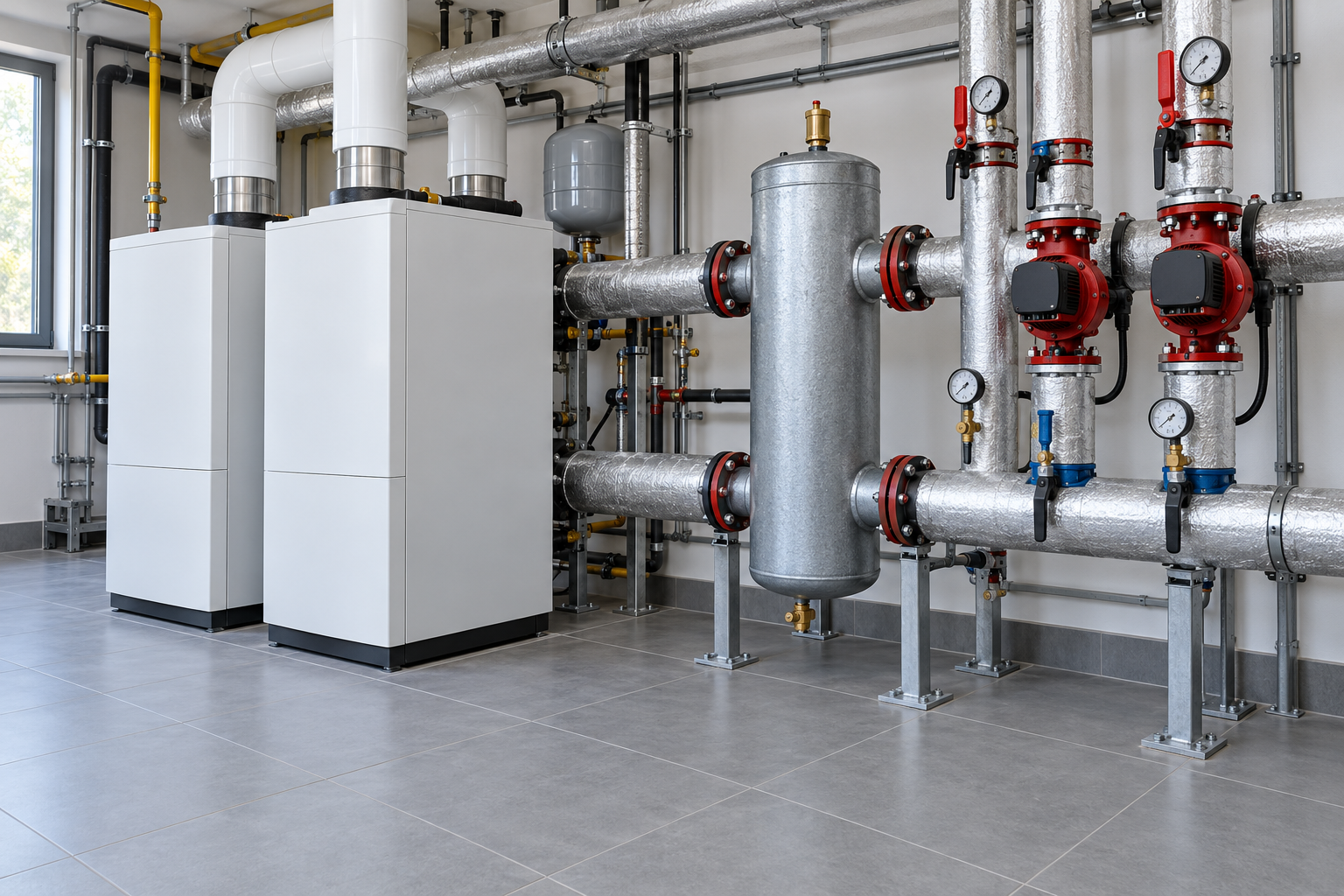 Immagine illustrativa di una centrale termica con generatore, pompe e tubazioni isolate