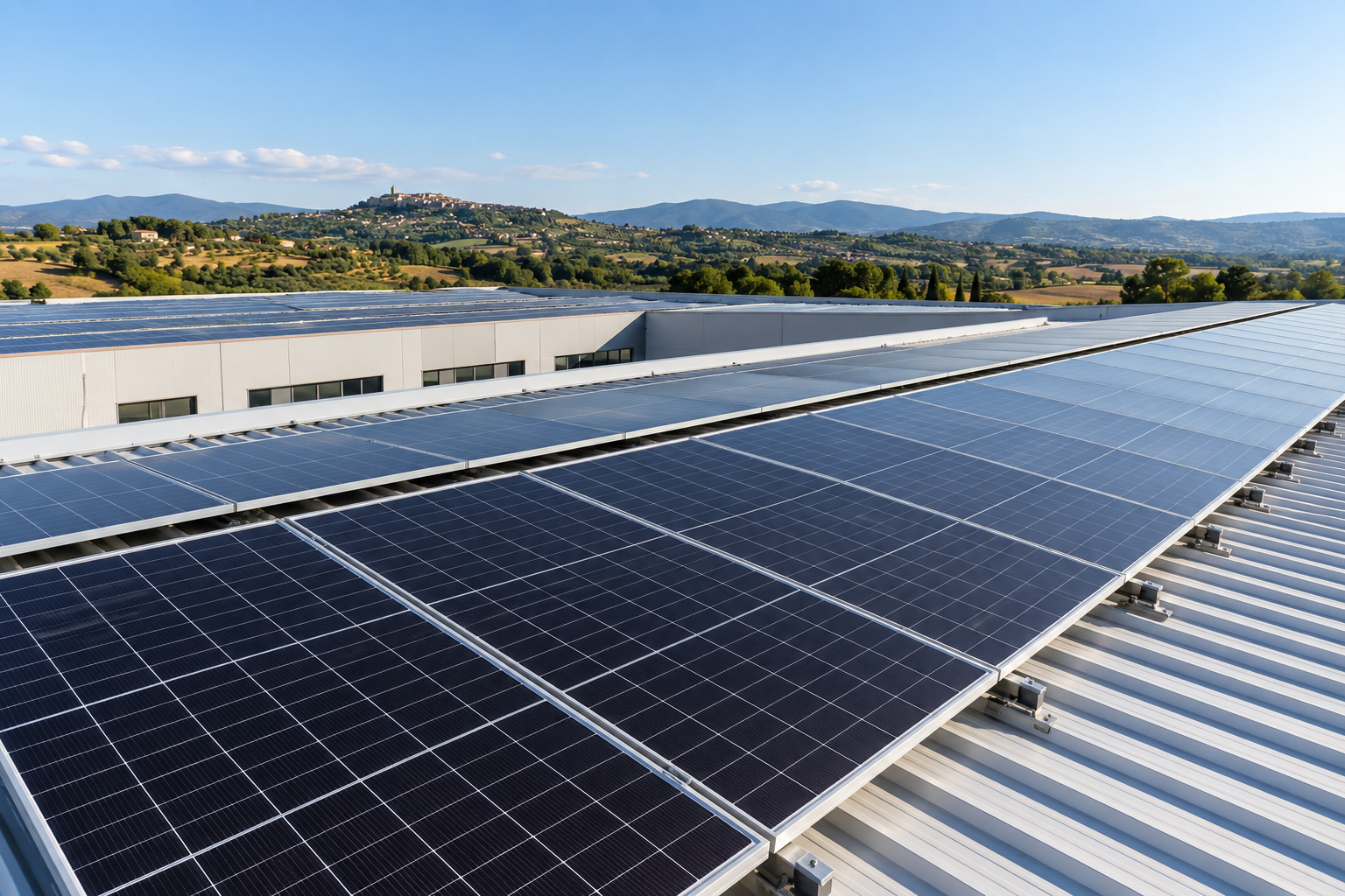 Immagine illustrativa di pannelli fotovoltaici su una copertura industriale